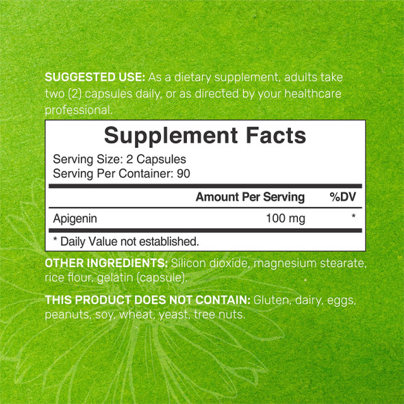 Apigenin 100mg Per Serving, 180 Capsules, 3 Months Supply, Apigenin Supplement, Third Party Tested, Non-GMO & No Gluten