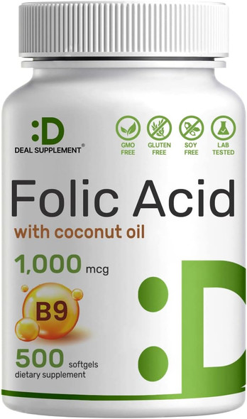 DEAL SUPPLEMENT Folic Acid 1000 mcg (1 mg), 500 Coconut Oil Softgels | Bioavailable Prenatal Vitamins (Vitamin B9)  1,667 mcg DFE  Easy to Swallow, Non-GMO, & No Gluten
