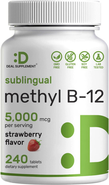 DEAL SUPPLEMENT Methyl B-12 Vitamins 5000 mcg, 240 Chewable Tablets | Active Form - Strawberry Flavored - Energy Support & Brain Health Function - Vegetarian & GMO Free