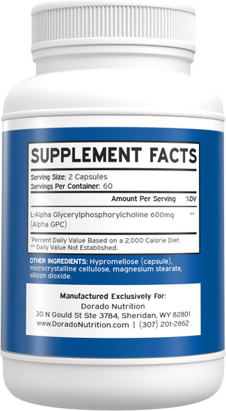 Alpha GPC 600mg Per Serving - (120 Vegan Capsules) - Choline Brain Supplement for Acetylcholine Advanced Memory Formula, Focus and Brain Support Supplement - USA Made - Non GMO, Vegan - (120 Count)