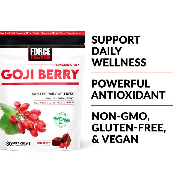 Force Factor Goji Berry Soft Chews Superfood Antioxidants Supplement to Support Healthy Eyes and Skin, Immune Health, and Inflammation, Non-GMO, Gluten-Free, & Vegan, Goji Berry Flavor, 30 Soft Chews