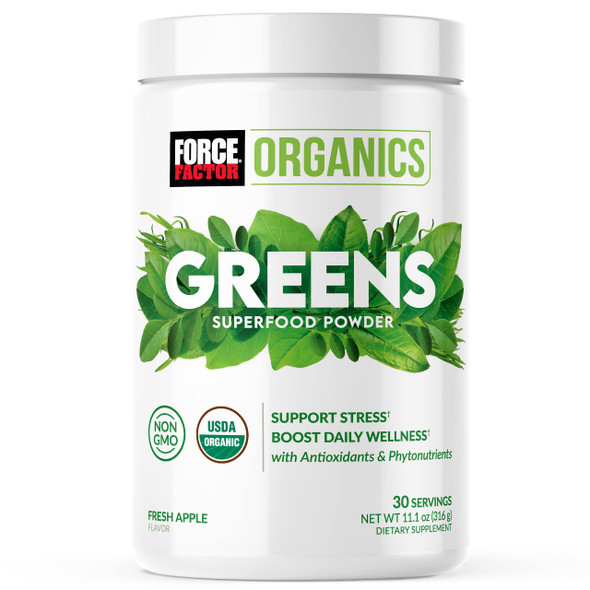 Force Factor Organics Greens Superfood Powder for  Relief and Daily Wellness, Greens Powder with KSM-66 Ashwagan, Moringa, Spirulina Powder, Vegan and Non-GMO, Fresh Apple, 30 Servings