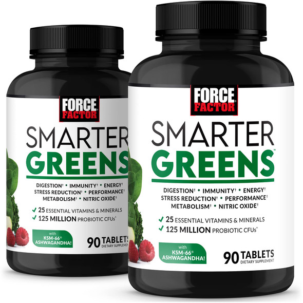 Force Factor Smarter Greens Tablets, 2-Pack, Greens Supplement with 25+ Superfoods and Antioxidants to Improve Digestion, Reduce , Strengthen Immunity, and Support Metabolism, 180 Tablets