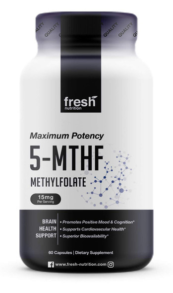 Fresh Nutrition L Methylfolate 15mg  DNA Verified for Maximum Potency  Superior Bioavailability  5-MTHF Methyl Folate - 60 Capsules