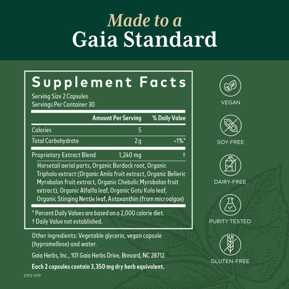 Gaia PRO Hair & Skin Formula - Skin Care & Nail Supplement with Burdock Root, Stinging Nettle, Horse Tail, Astaxanthin, Triphala & Gotu Kola - 60 Vegan Liquid Phyto-Capsules (30 Servings)