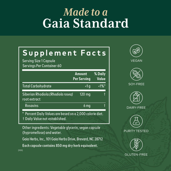 Gaia PRO Rhodiola - for Adaptogen  Support & Relief - with Rhodiola Rosea, Rosavins, & More - 60 Vegan Liquid Phyto-Capsules (60 Servings)