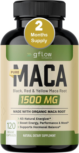 Organic Maca Root Capsules 1500mg - Made with Black, Red, Yellow Peruvian Maca Root Extract & Black Pepper - 120 Vegan Pills - 100% Gelatinized - Supports Energy, Performance & Mood for Men & Women