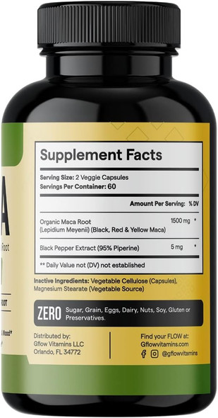 Organic Maca Root Capsules 1500mg - Made with Black, Red, Yellow Peruvian Maca Root Extract & Black Pepper - 120 Vegan Pills - 100% Gelatinized - Supports Energy, Performance & Mood for Men & Women