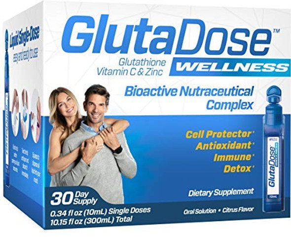 GlutaDose | Detox Everyday | Support Immune Function and Increase Energy | 400mg Glutathione+Vitamin C+Zinc | 30-Day Box | Liquid Vials | Made in USA (30 Doses)