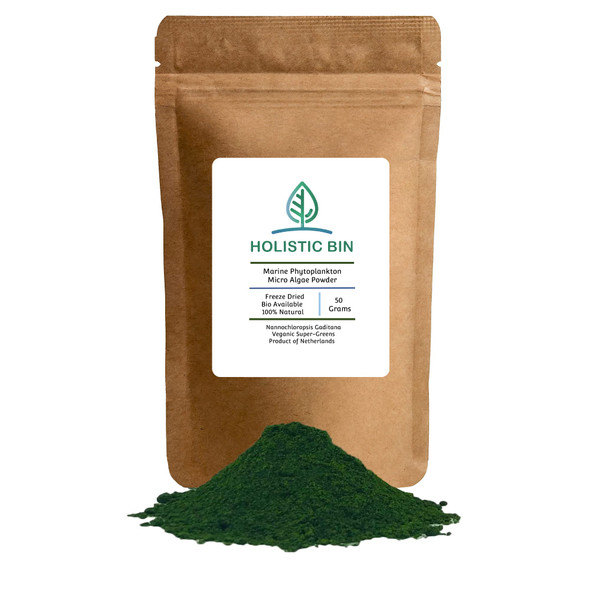 Holistic Bin Marine Phytoplankton Powder ly Grown in Nordic Seawater | Vegan Omega 3 Supplement | Rich in Amino s, Chlorophyll, Vitamins, & Trace Minerals (50g)