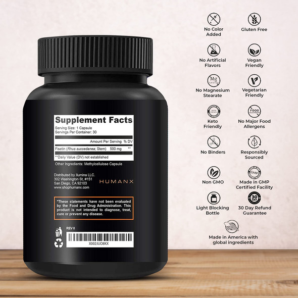 HUMANX Fisetin 500mg - 98% Pure Fisetin Supplement -(Similar to Apigenin, Luteolin, Quercetin) Senolytic Activator -  Polypheonols - Non-GMO Fisetin Capsules