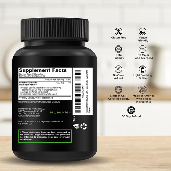 HUMANX Sulforaphane+ 602mg Sulforaphane with Broccoli Seed Extract & Moringa Supports Antioxidant Production Detoxification & Cellular Health Broccoli Supplement