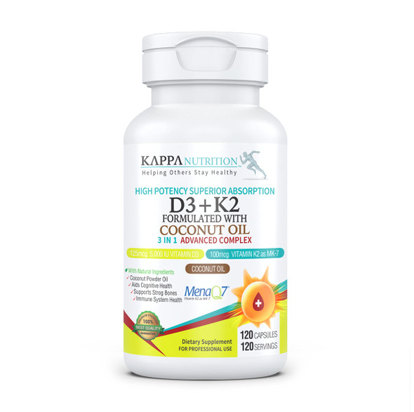 KAPPA NUTRITION Vitamin D3 + K2 Supplement with MCT Oil (Coconut Oil) (5000iu) Vitamin D with 100mcg Mk7 Vitamin K, Supports Calcium for Stronger Bones & Immune Health, 120 Vegan Capsules for
