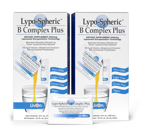 LivOn Laboratories Lypo-Spheric B Complex Plus  30 Packets  195 mg B Vitamins, Minerals & Cinnamon Per Packet  Liposome Encapsulated for Maximum Bioavailability  2 Pack