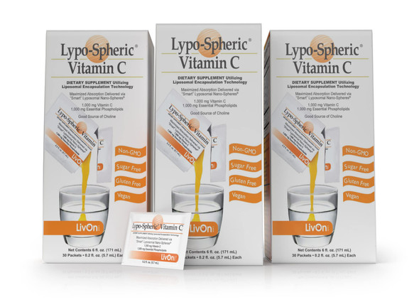 LivOn Laboratories LypoSpheric Vitamin C  3 Cartons (90 Packets)  1,000 mg Vitamin C & 1,000 mg Essential Phospholipids Per Packet  Liposome Encapsulated for Improved Absorption  100% NonGMO