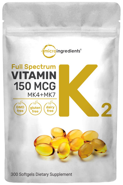 Full Spectrum Vitamin K2 Complex (MK-4 + MK-7 Formula with Virgin Sunflower Seed Oil), 150 mcg, Vitamin K2 Liquid Soft-gel 300 Counts, Immune Vitamins and Joint Health Supplement, Non-GMO