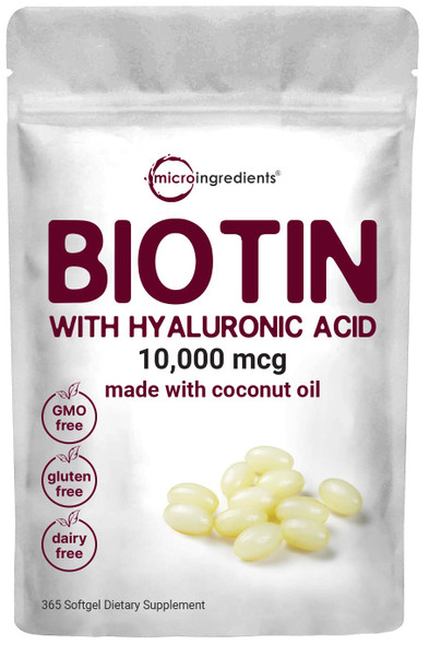 Micro Ingredients Biotin 10,000mcg w/Hyaluronic  25mg | 360 Virgin Coconut Oil Softgels, Fast Release, One Year Supply, Supports Healthy Hair, Skin & Nails, Non-GMO & No Gluten