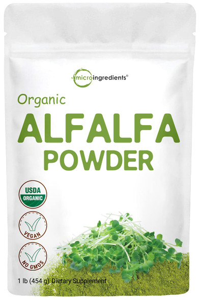 Micro Ingredients Sustainably US Grown, Organic Alfalfa Powder, 1 Pound, ly Rich in Vitamin K, Immune Vitamin C and Minerals, Best Green Superfoods for Smoothie and Beverage, Non-GMO, Vegan