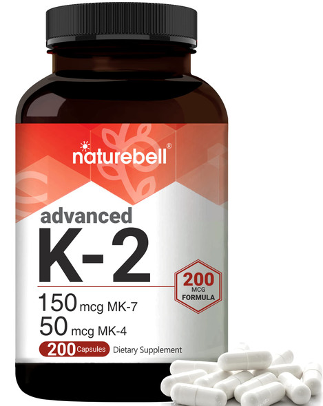 Full Spectrum Vitamin K2 Supplement with MK-7 & MK-4, 200 mcg, 200 Capsules, 2 in 1 Formula, Vitamin K2 Complex Supplement, Supports Joint and Heart Health, Non-GMO