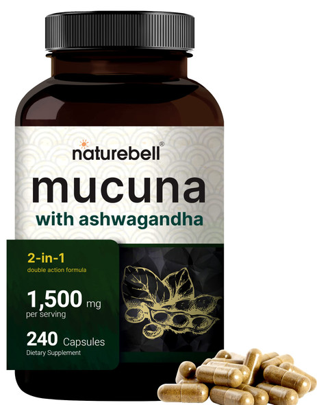 Mucuna Pruriens Capsules, Triple Strength 1500mg , 2 in 1 Formula, Made with Mucuna and Ashwagan, 240 Capsules, 30%  L-Dopa for Positive Mood, Relaxation & Restoration