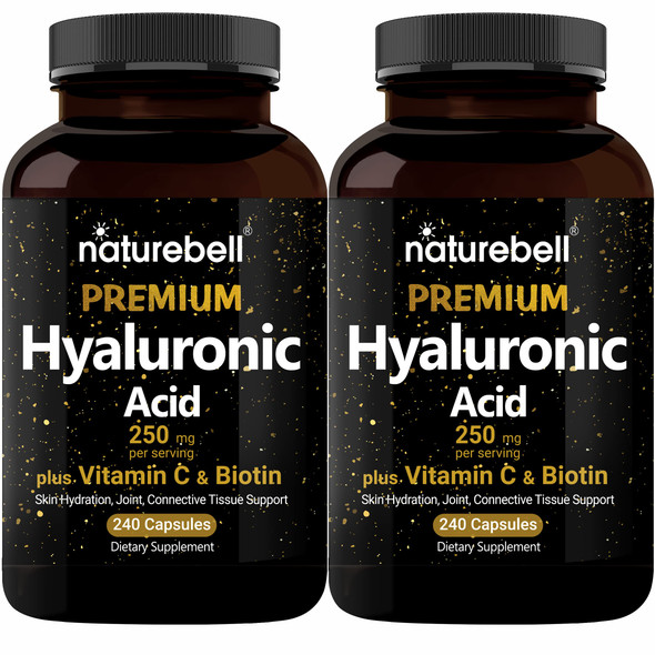 NatureBell 2 Pack Plant Based Hyaluronic  Supplements 250mg with 25mg Vitamin C & Biotin 5000mcg, 480 Total Capsules | Essential for Hair Growth, Joint Support, & Hydrating Skin | Non-GMO