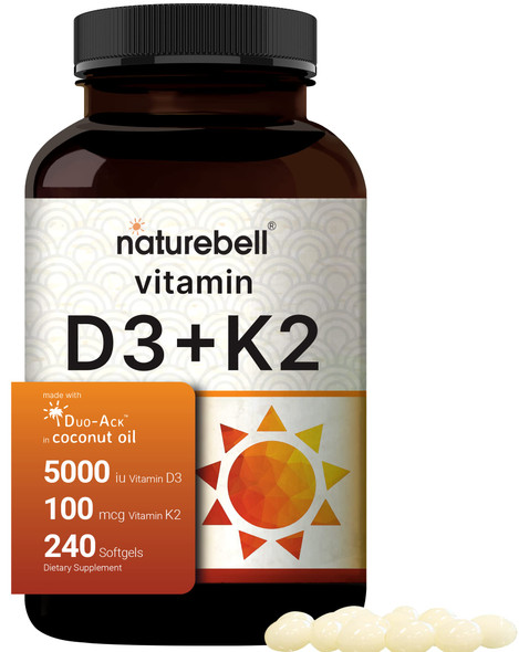 NatureBell Vitamin D3 K2 (MK7) with Virgin Coconut Oil, 240 Softgels, Vitamin D3 5000 IU & K2 MK7 100mcg, 2 in 1 Support, Duo-Ack | 8 Months Supply | , Non GMO & No Gluten