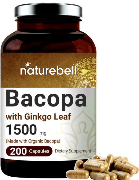 Triple Strength Bacopa Capsules 1500mg (Made with Organic Bacopa Complex and Ginkgo Leaf Powder), 200 Counts, 3 in 1 Formula, Nootropics for Positive Mood and Enhanced Memory, Non-GMO