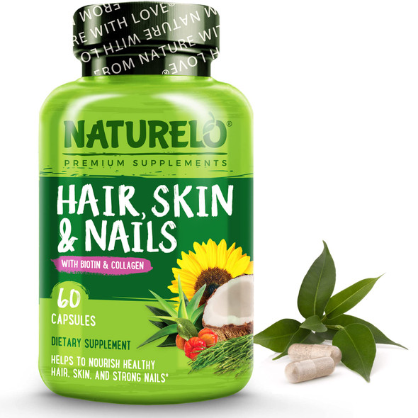 NATURELO Hair, Skin and Nails Vitamins - 5000 mcg Biotin, Collagen,  Vitamin E - Supplement for Healthy Skin, Hair Growth for Women and Men  60 Capsules