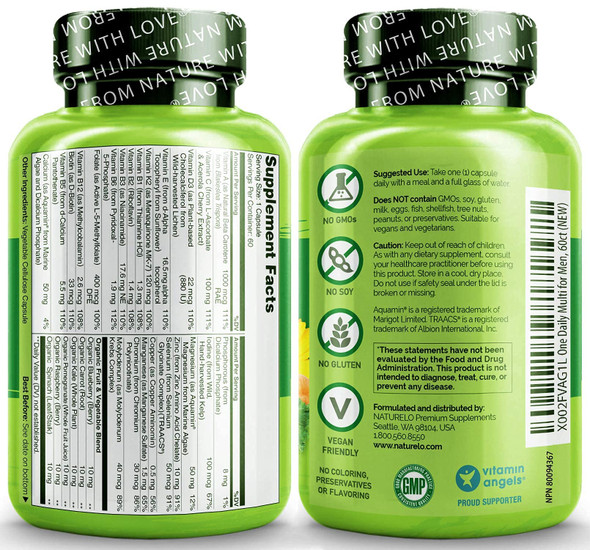 NATURELO One Daily Multivitamin for Men - with Vitamins & Minerals + Organic  Foods - Supplement to Boost Energy, General Health - Non-GMO - 180 Capsules