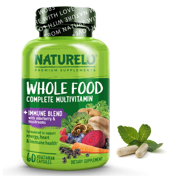 NATURELO  Food Multivitamin + Immune Blend with Elderberry & Mushrooms - Complete Multivitamin with Extra Immune Support - C, D3, Zinc, Elderberry, Reishi, Shitake - 60 Vegan Capsules