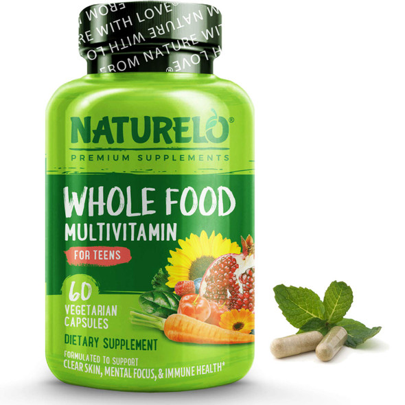 NATURELO  Food Multivitamin for Teens - Vitamins and Minerals for Teenage Boys and Girls - Supplement for Active Kids - with Organic  Foods - Non-GMO - Vegan & Vegetarian - 60 Capsules