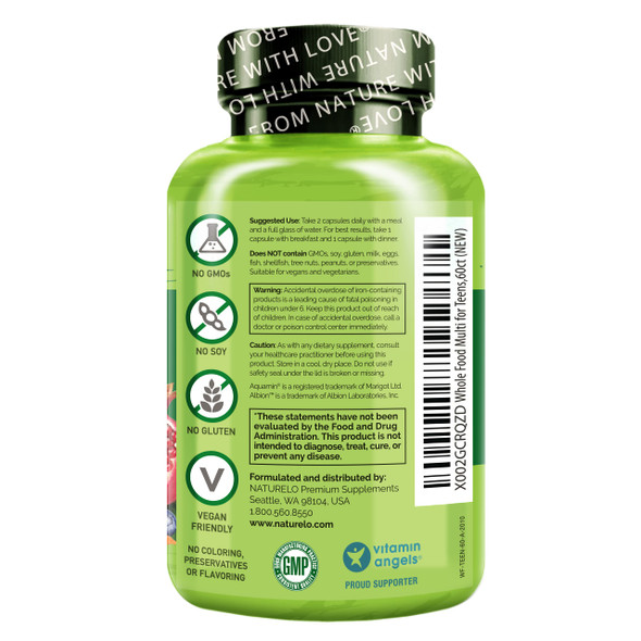 NATURELO  Food Multivitamin for Teens - Vitamins and Minerals for Teenage Boys and Girls - Supplement for Active Kids - with Organic  Foods - Non-GMO - Vegan & Vegetarian - 60 Capsules