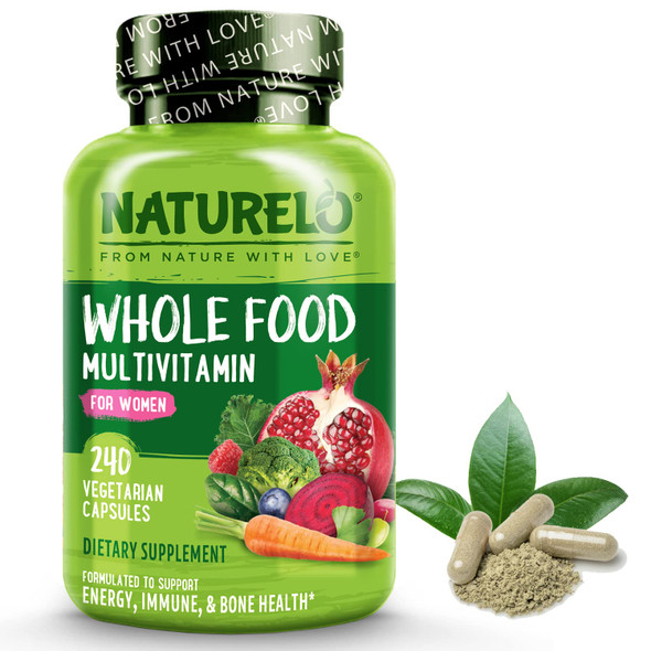 NATURELO  Food Multivitamin for Women 50+ (Iron Free) with Vitamins, Minerals, & Organic Extracts - Supplement for Post Menopausal Women Over 50 - No GMO - 240 Vegan Capsules