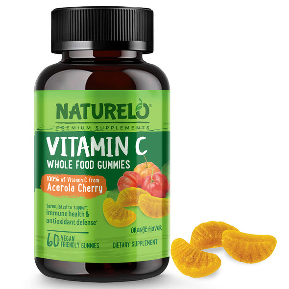 NATURELO  Food Vitamin C Gummies, Vitamin C from Acerola Cherry, Plant-Based Supplement, 60 Vegan-Friendly Gummies