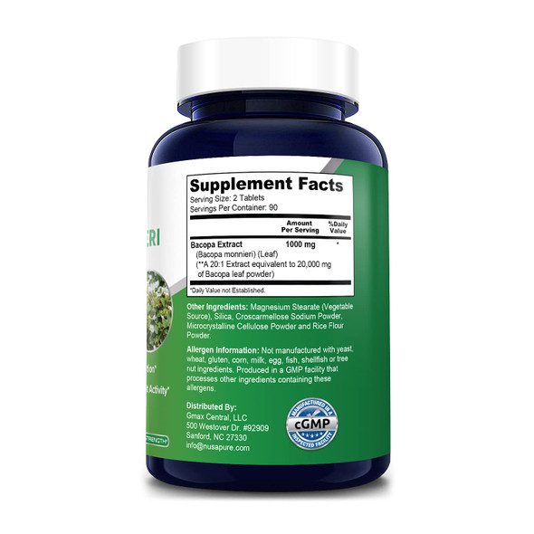 NusaPure Bacopa Leaf Monnieri Extract 20,000 mg 180 Tablets (Extract 20:1, Non-GMO & )