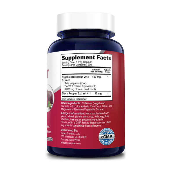 NusaPure Beet Root 8,000mg Equivalent per caps (Vegan, Non-GMO, Extract 20:1 & Gluten-Free) with Black . 200 Veggie caps