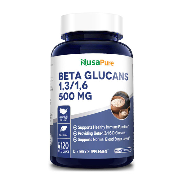 NusaPure Beta Glucans 500 mg | 120 Veggie Capsules | Beta 1,3, 1,6 D Glucan | Non-GMO, Gluten -Free, Vegan