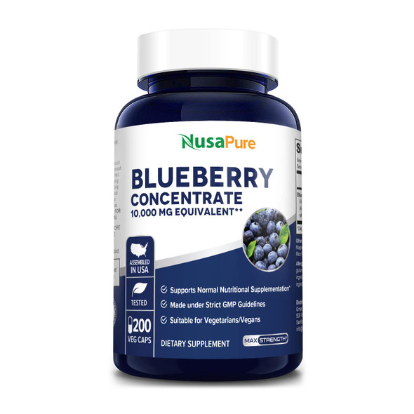 NusaPure Blueberry Concentrate 10,000mg Equivalent per caps.200 Veggie Powder caps (Extract 20:1, 100% Vegetarian, Non-GMO & )
