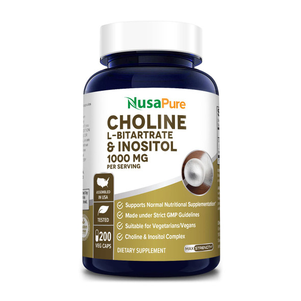 NusaPure Choline & Inositol 1000mg - 200 Veggie Caps (100% Vegetarian, Non-GMO & Gluten-Free)