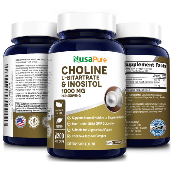 NusaPure Choline & Inositol 1000mg - 200 Veggie Caps (100% Vegetarian, Non-GMO & Gluten-Free)