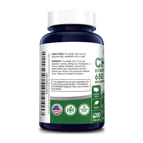 NusaPure Choline Bitartrate 650 mg.200 Veggie Capsules (Vegetarian, Non-GMO & Gluten-Free)