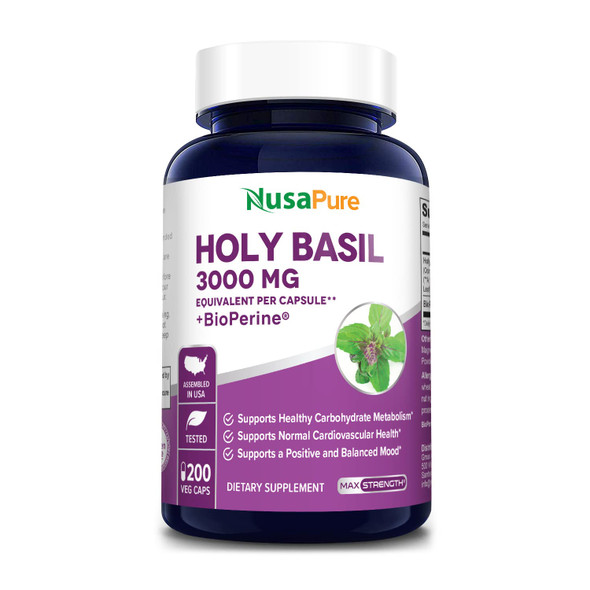 NusaPure Holy Basil 3,000 mg with Bioperine - 200Vcaps. Non-GMO, Vegan, Gluten-Free