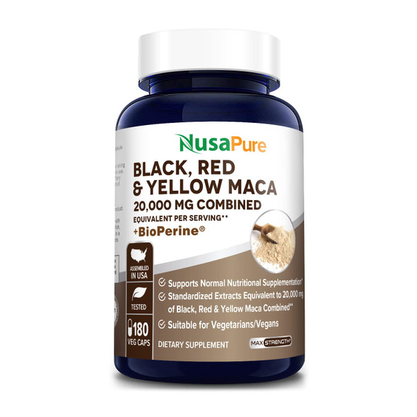 NusaPure Maca Root Black, Red, Yellow 20,000 mg  - 180 Vegan Capsules (Vegan,Non-GMO & ) with Bioperine
