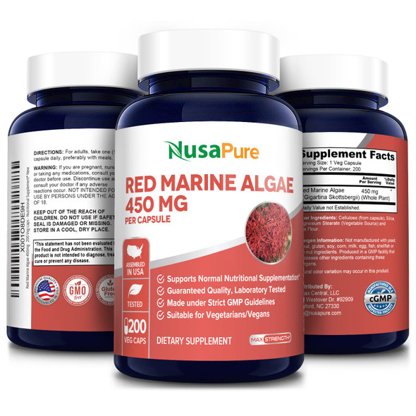 NusaPure Red Marine Algae 450mg 200 Vegetarian Capsules (Non-GMO & )