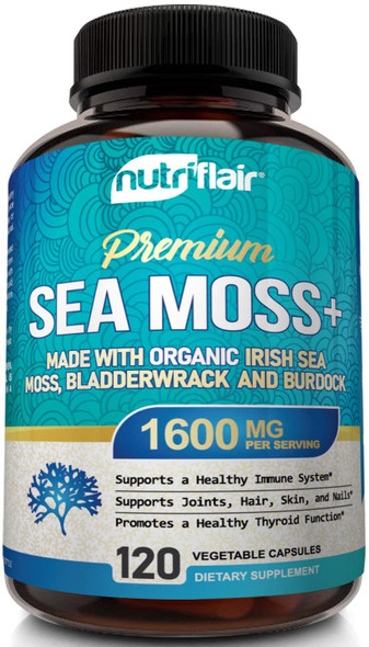 NutriFlair Irish Sea Moss 1600mg, 120 Capsules - Wildcrafted Raw Moss Powder with Bladderwrack & Burdock Root