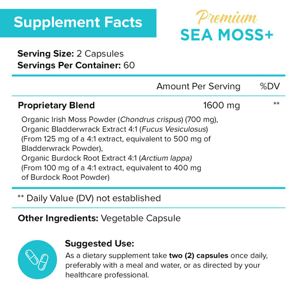 NutriFlair Irish Sea Moss 1600mg, 120 Capsules - Wildcrafted Raw Moss Powder with Bladderwrack & Burdock Root