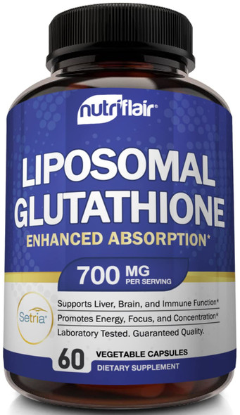 NutriFlair Liposomal Glutathione Setria 700mg - Pure Reduced, Stable, Active Form L Glutathione reductase (GSH), Enhanced Absorption - Non GMO Antioxidant, Detox, Cardiovascular, Brain, Immune Health