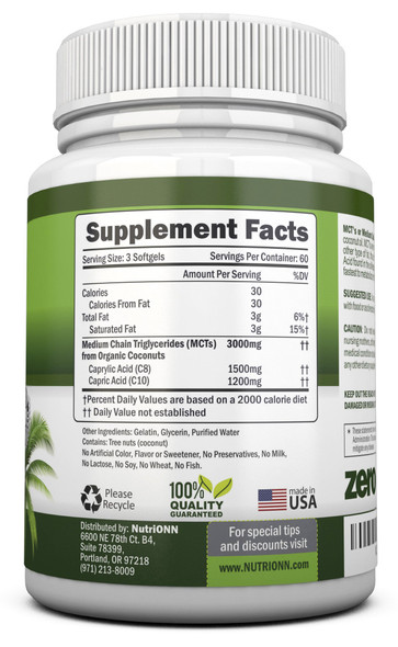 NutriONN MCT Oil - 3000mg  - 180 Softgels - Made from 100% Organic Coconuts - Non GMO, Cold Pressed, Paleo Friendly Capsules - Great for Boosting Focus & Energy