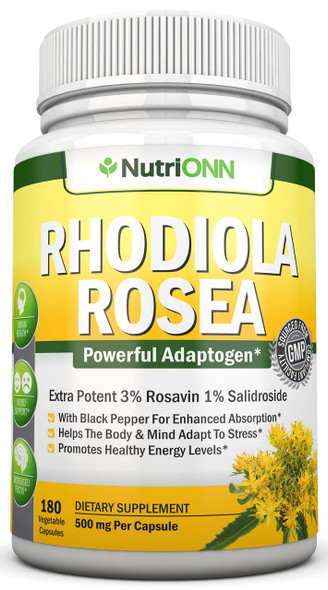 NutriONN Rhodiola Rosea - 500mg - 180 Vegan Capsules - 3% Rosavin 1% Salidroside Extract - Non-GMO - with Black  for Enhanced Absorption - 6 Month Supply - Supplement for Energy & Stamina