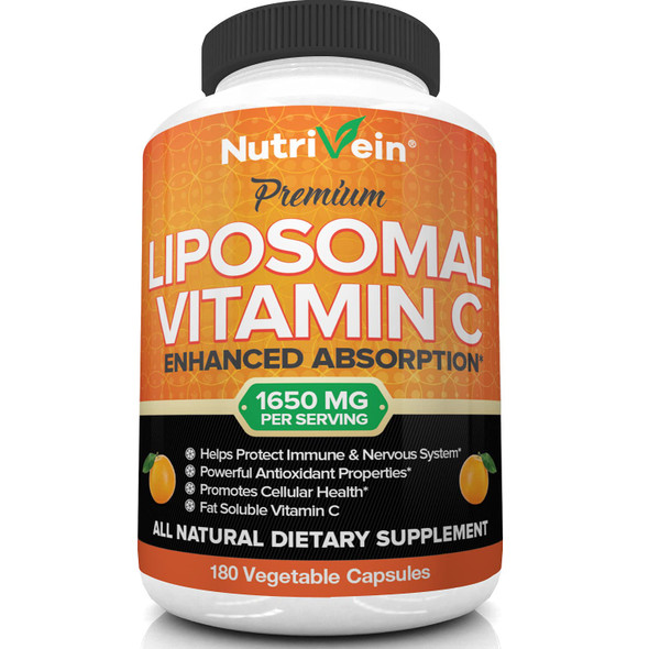 Nutrivein Liposomal Vitamin C 1650mg - 180 Capsules - High Absorption Ascorbic  - Supports Immune System & Collagen Booster - Powerful Antioxidant